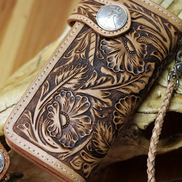 Handmade biker wallet leather floral carved biker wallet chain bifold Long wallet purse clutch for men