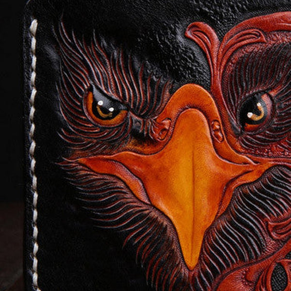 Handmade leather billfold wallet for men carved tooled wallet black eagle wallet