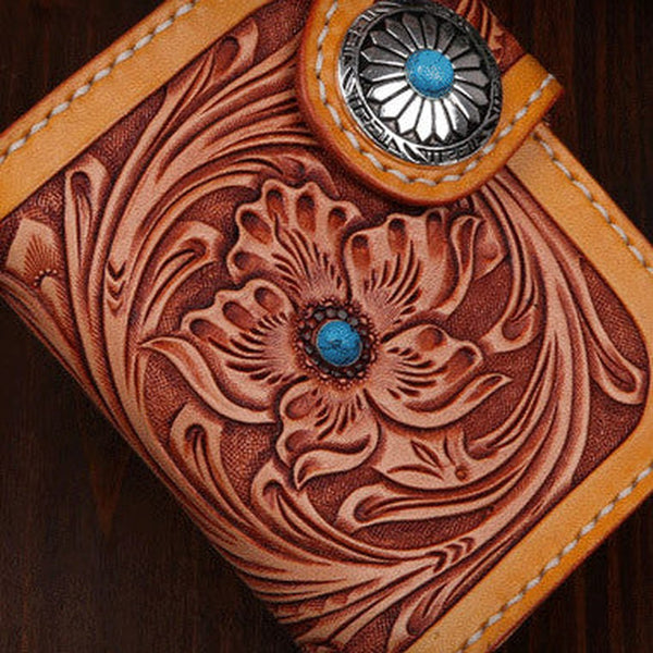 Handmade billfold leather biker trucker japanese general wallet leather chain men Black Carved Tooled wallet