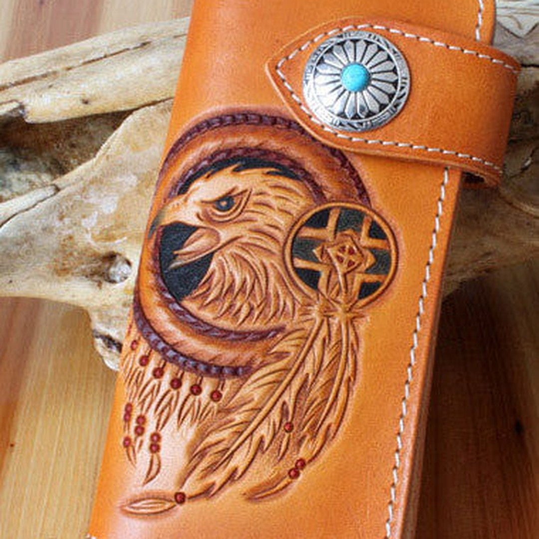 Handmade biker wallet leather eagle carved brown biker wallet chain Long wallet clutch for men