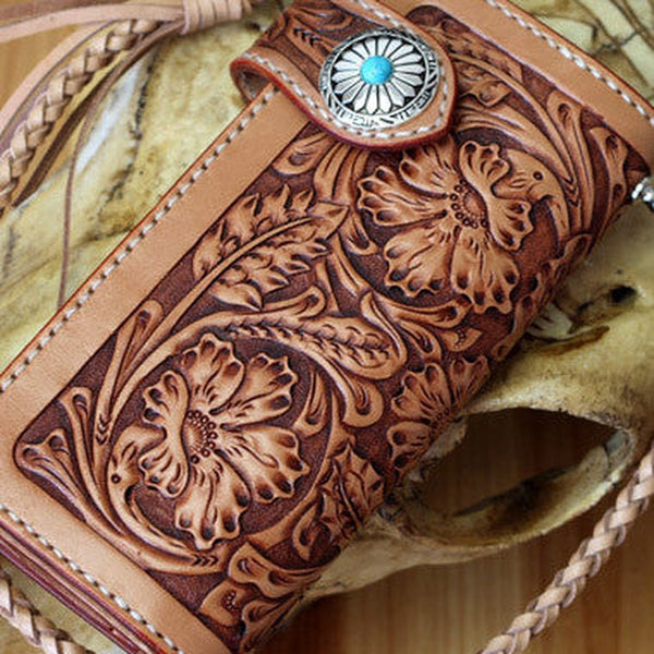 Handmade biker wallet leather floral tooled biker wallet chian bifold Long wallets for men