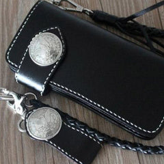 Handmade cool leather biker wallets black chain wallet Long wallet for men