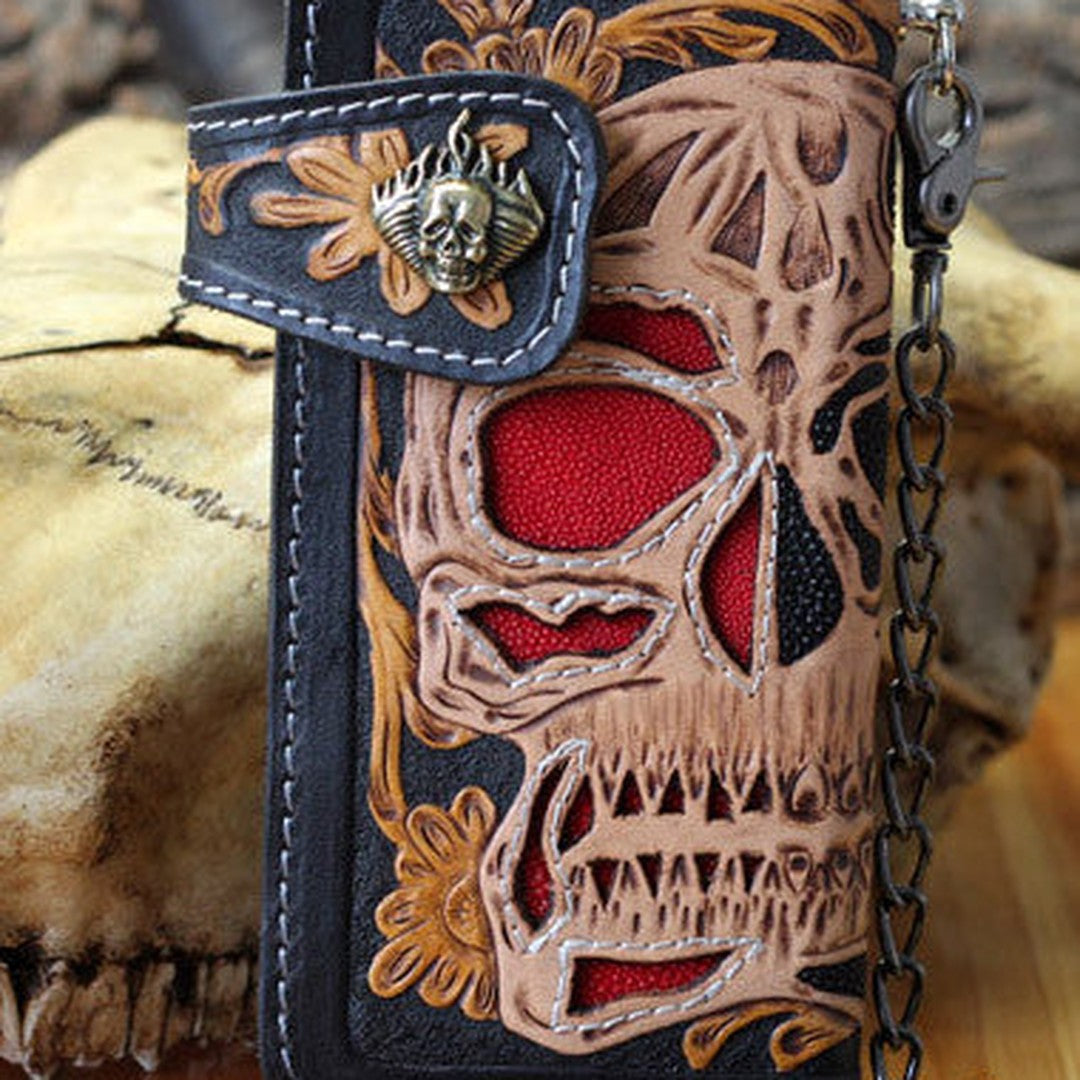 Handmade biker wallet Tooled leather skull chain biker wallet Chain Long wallet for men