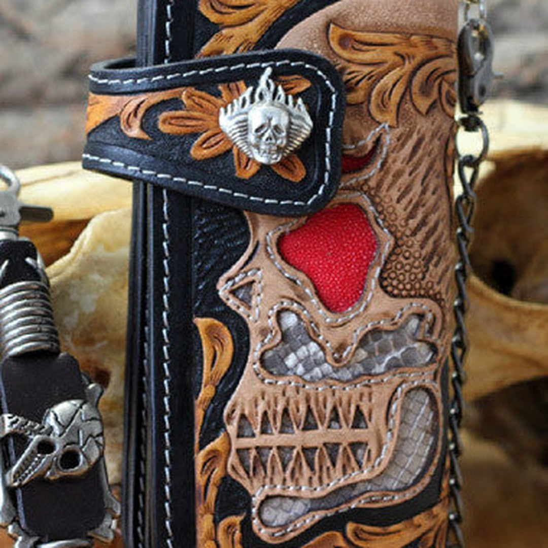 Handmade chain wallet biker wallet leather punk skull carved biker wallet chian Long wallet clutch for men