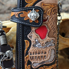 Handmade chain wallet biker wallet leather punk skull carved biker wallet chian Long wallet clutch for men