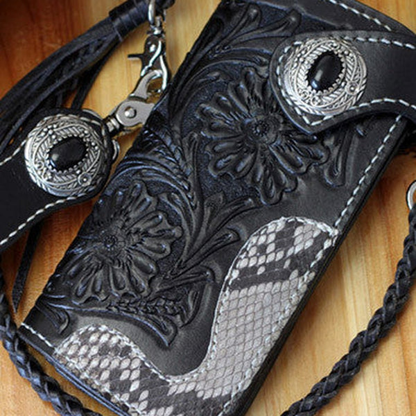 Handmade Biker Wallet Black Tooled Leather Wallet Biker Chain Wallets Cool Biker Wallets