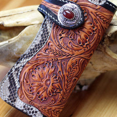 Handmade biker wallet leather floral tooled biker wallets chian bifold Long wallets for men