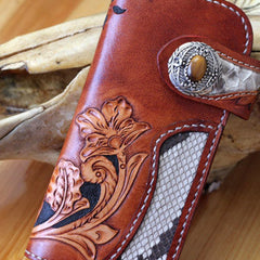 Handmade biker wallet  brown leather floral carved men biker wallet bifold Long wallet for men
