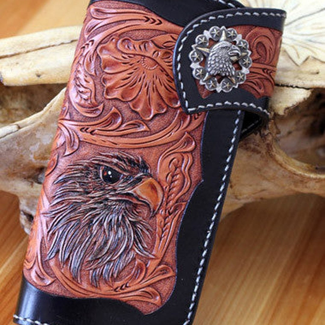 Handmade biker wallet leather floral eagle carved black chain wallet chain Long wallet for men