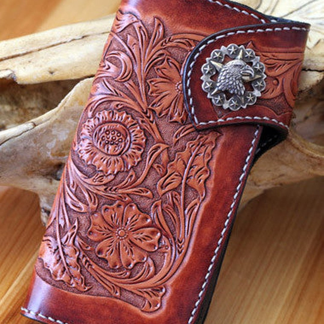 Handmade red brown leather floral eagle carved men biker wallet bifold Long wallet for men