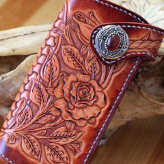 Handmade biker wallet brown leather floral rose carved men biker wallet bifold Long wallet for men