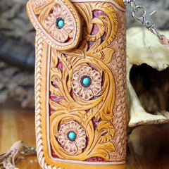 Handmade biker wallet beige yellow carved leather men biker wallet chain bifold Long wallet for men