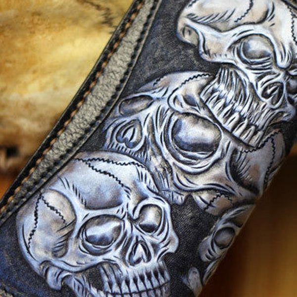 Handmade tooled biker wallet leather black blue skull carved chain wallet Long wallet clutch for men