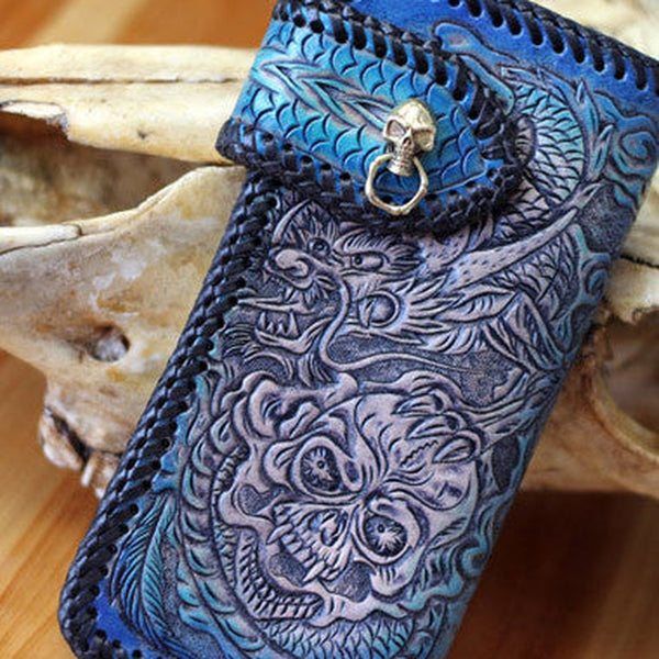 Handmade Tooled Chain Wallet biker wallet leather blue brown skull carved biker wallet Long wallet clutch for men
