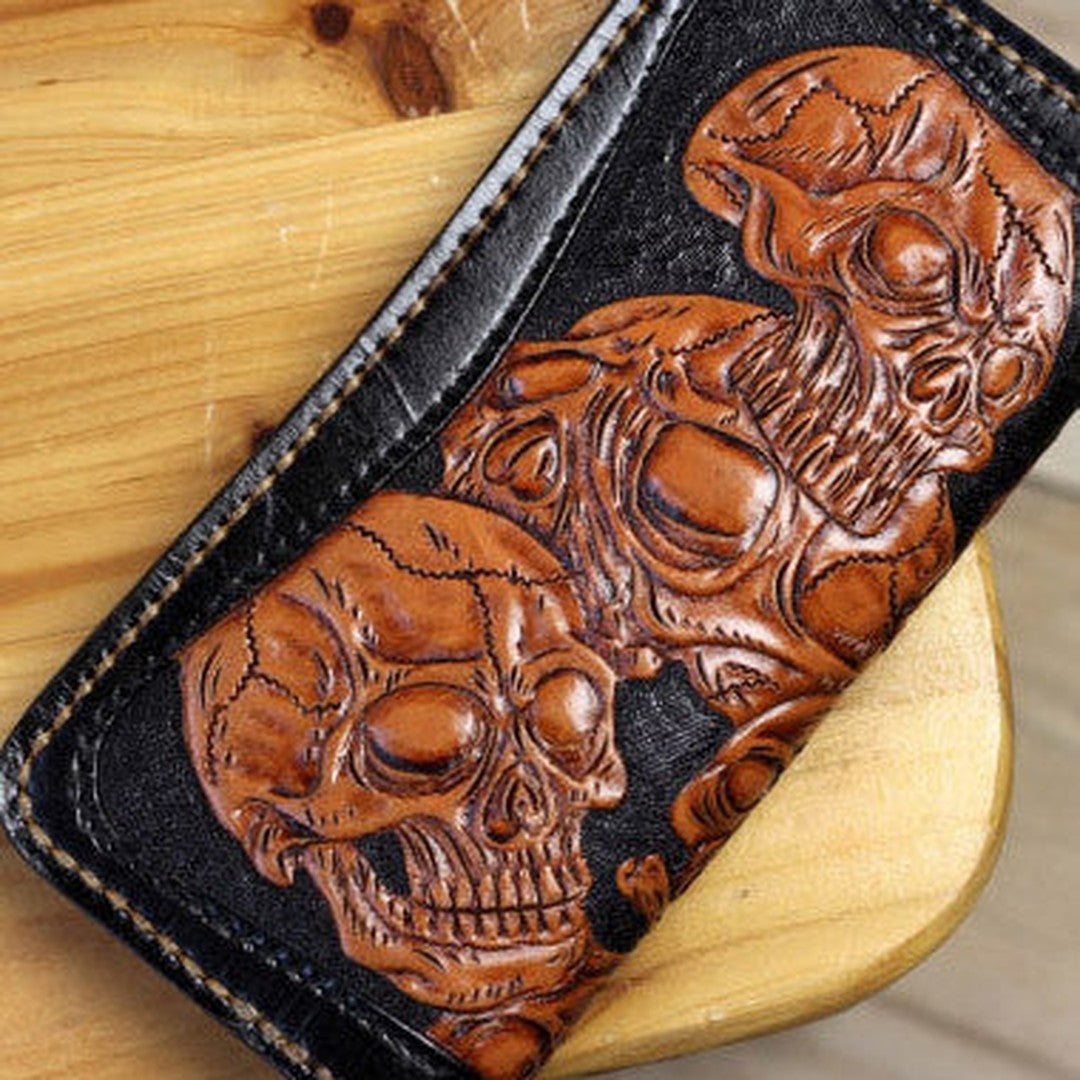 Handmade biker wallet leather black brown skull carved biker wallet Long wallet clutch for men