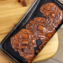 Handmade biker wallet leather black brown skull carved biker wallet Long wallet clutch for men
