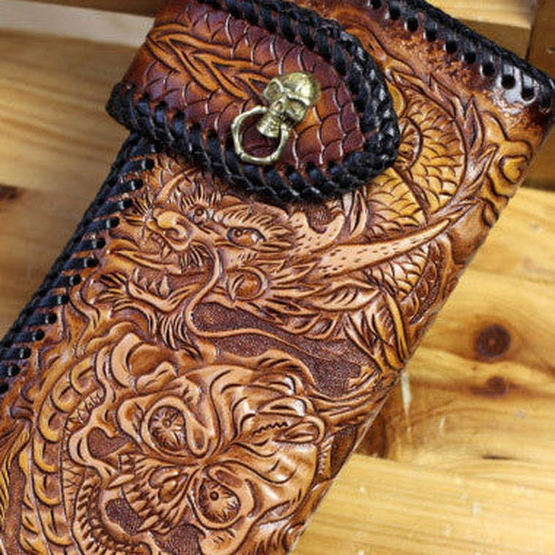 Handmade biker wallet brown leather Skull dragon carved biker wallet bifold Long wallet for men