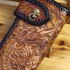 Handmade biker wallet brown leather Skull dragon carved biker wallet bifold Long wallet for men