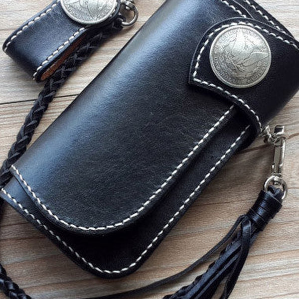 Handmade leather biker wallets black chain wallet Long wallet for men