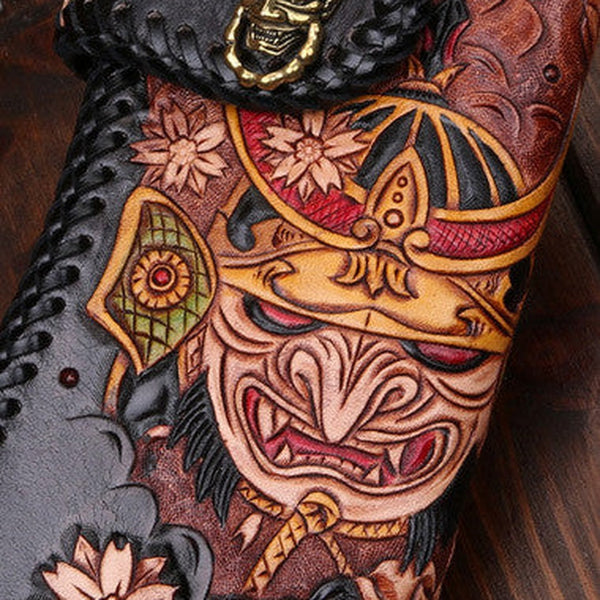 Handmade Long leather biker trucker japanese general wallet leather chain men Black Carved Tooled wallet