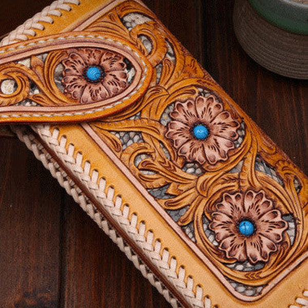 Handmade leather biker trucker floral flowers wallet leather chain men Black Carved Tooled wallet