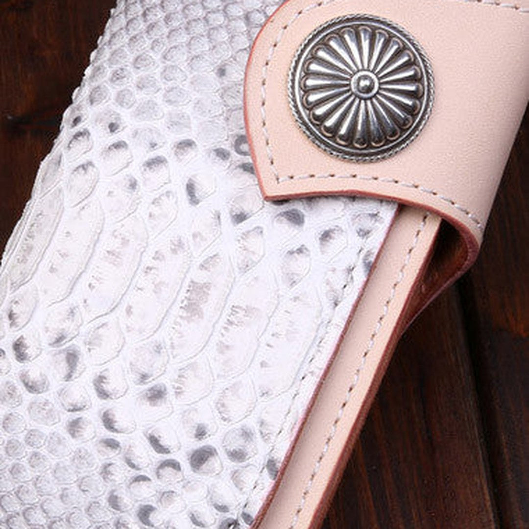 Handmade leather Long biker trucker wallet leather chain men snake skin beige wallet