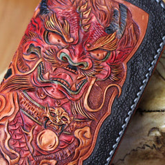 Handmade biker wallet black leather brave troops carved biker wallet chian bifold Long wallet for men