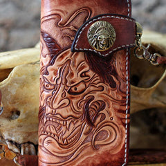 Handmade biker wallet brown leather Acala Fudo carved biker wallet chian bifold Long wallet for men