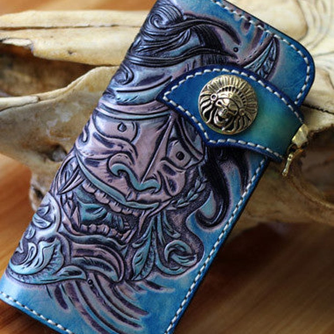 Handmade biker wallet blue leather Voltron carved biker wallet chian bifold Long wallet for men