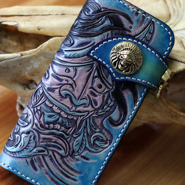 Handmade biker wallet blue leather Voltron carved biker wallet chian bifold Long wallet for men