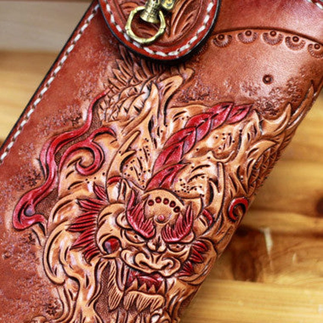 Handmade biker wallet brown leather kylin unicorn carved biker wallet chian trifold Long wallet for men