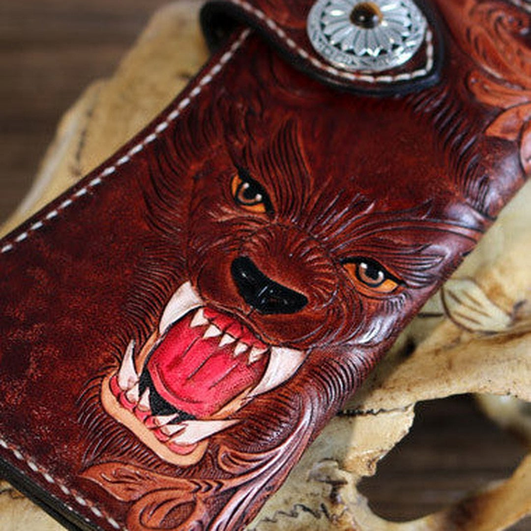 Handmade biker trucker Tooled wallet leather chain men wolf carved leather long wallet for men him