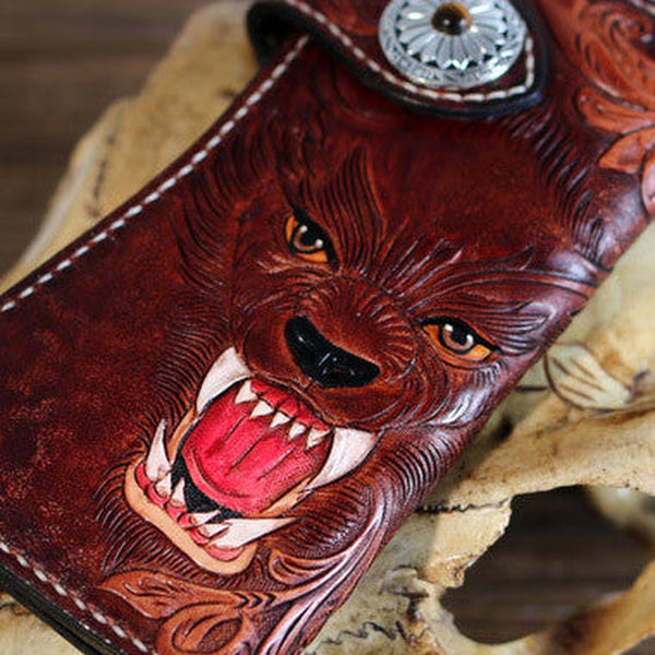 Handmade biker trucker Tooled wallet leather chain men wolf carved leather long wallet for men him