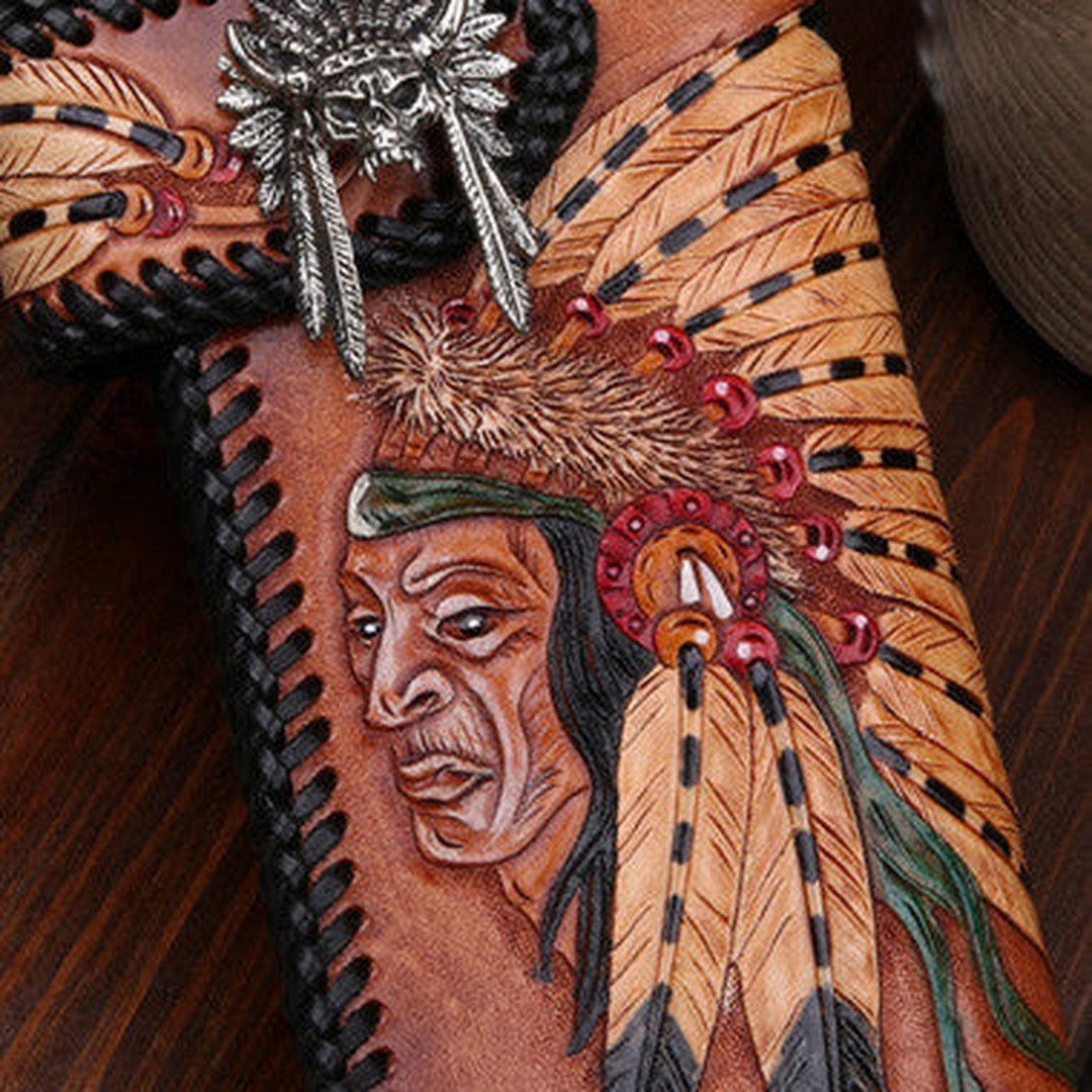Handmade leather Long biker trucker wallet leather chain men indian Black Carved Tooled wallet