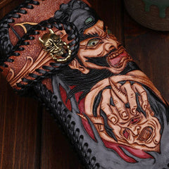 Handmade leather Tooled Chain biker Wallet trucker Chinese Devil Hunter wallet leather chain men Long Black Carved Tooled wallet