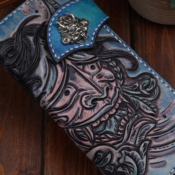 Handmade leather biker trucker Blue prajna wallet leather chain men Black Carved Tooled wallet