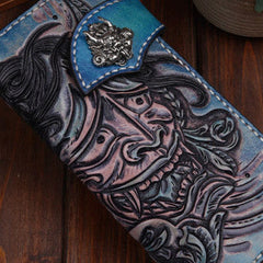 Handmade leather biker trucker Blue prajna wallet leather chain men Black Carved Tooled wallet