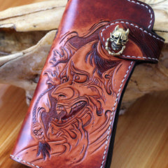 Handmade biker wallet brown leather prajna carved men biker wallet bifold Long wallet for men