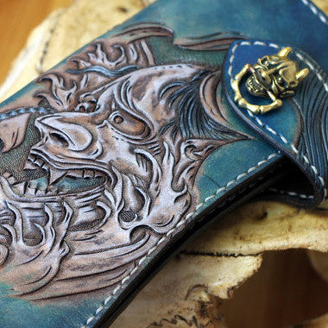 Handmade biker wallet blue leather prajna carved men biker wallet bifold Long wallet for men