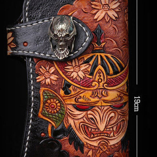 Handmade leather Long biker trucker japanese general wallet leather men chain Black Carved Tooled wallet