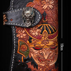 Handmade leather Long biker trucker japanese general wallet leather men chain Black Carved Tooled wallet