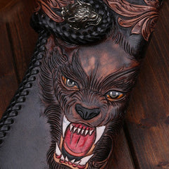 Handmade leather Long biker trucker wolf wallet leather chain men Black Carved Tooled wallet