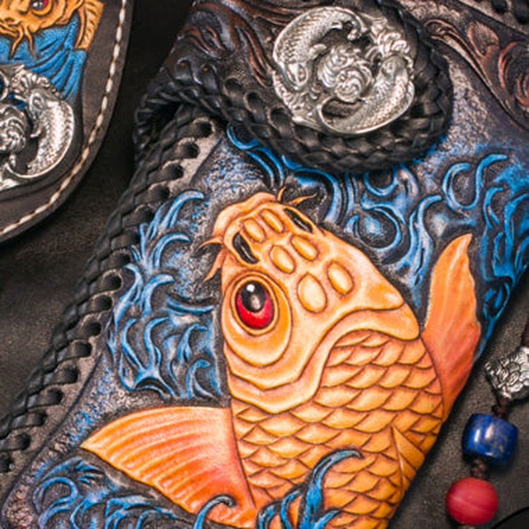Handmade Leather Long Black Biker Wallet Leather Chain Wallet Men Red Carp Tooled Wallets