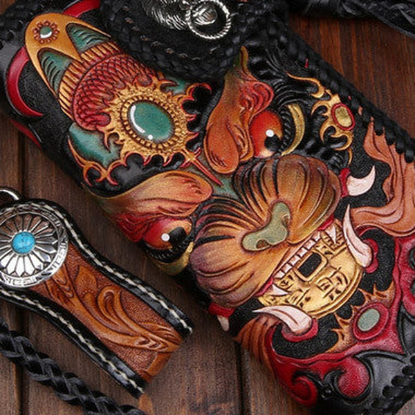 Handmade leather Long Black biker trucker wallet leather chain men monster Carved Tooled wallet