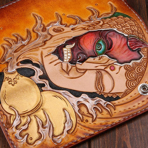 Handmade leather biker trucker wallet leather chain devil or Buddha Carved Tooled wallet