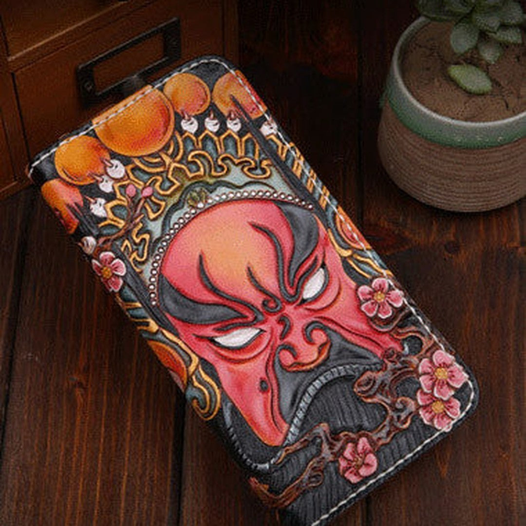 Handmade leather Beijing opera makeup general wallet leather zip men Long Clutch Tooled wallet