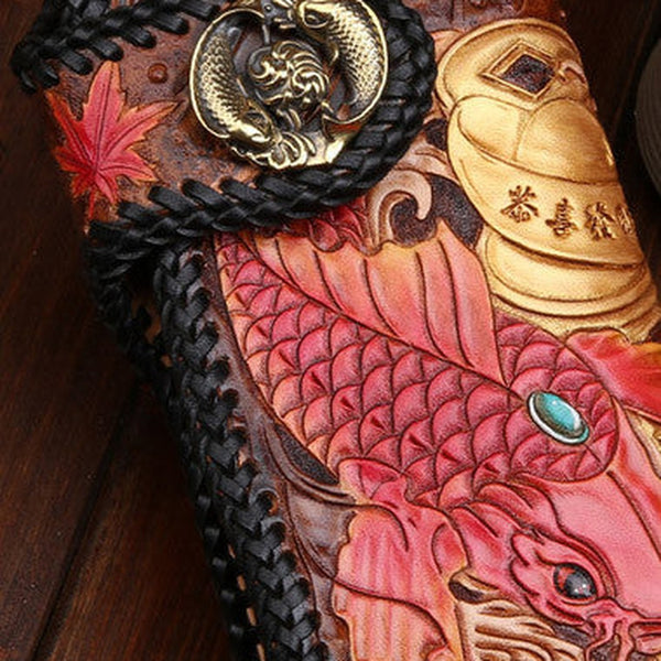 Handmade leather Long biker trucker wallet leather chain men carp Black Carved Tooled wallet