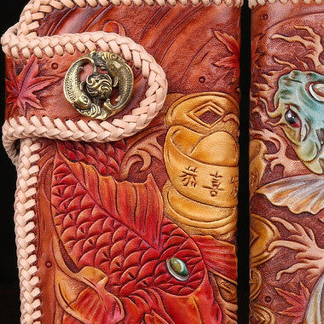 Handmade leather biker trucker wallet leather chain men carp Brown Carved Tooled wallet