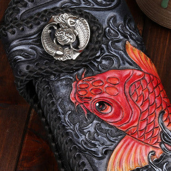 Handmade leather Long Black biker trucker wallet leather chain men red carp Carved Tooled wallet