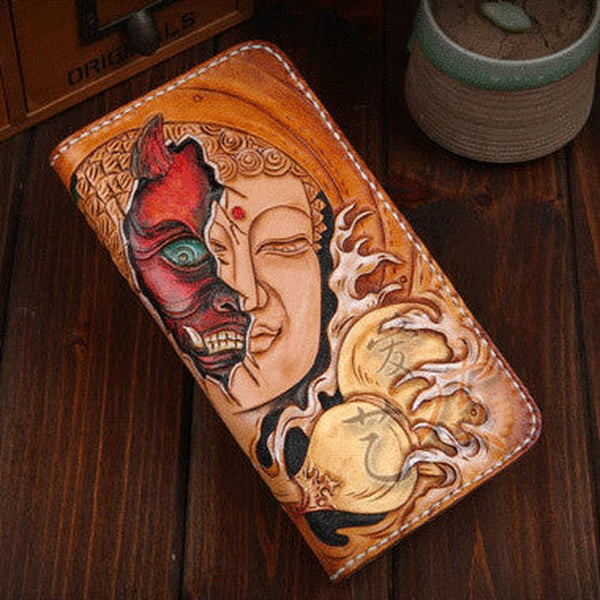 Handmade leather Buddha devil  wallet leather zip men clutch Carved Tooled wallet